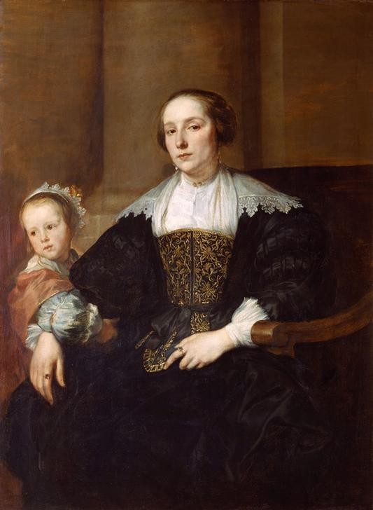 Anthonis van Dyck, Bildnis Gemahlin Th. Rombouts (Damenmode,Flämische Kunst,Frau,Mieder,Mutter Und Kind,Barock,Portrait,Mutter Und Tochter,Künstlerfrau,Bürgertum,Kleid,Spitzenkragen,Zeigefinger,Fingerring,Kragen,Kniestück)