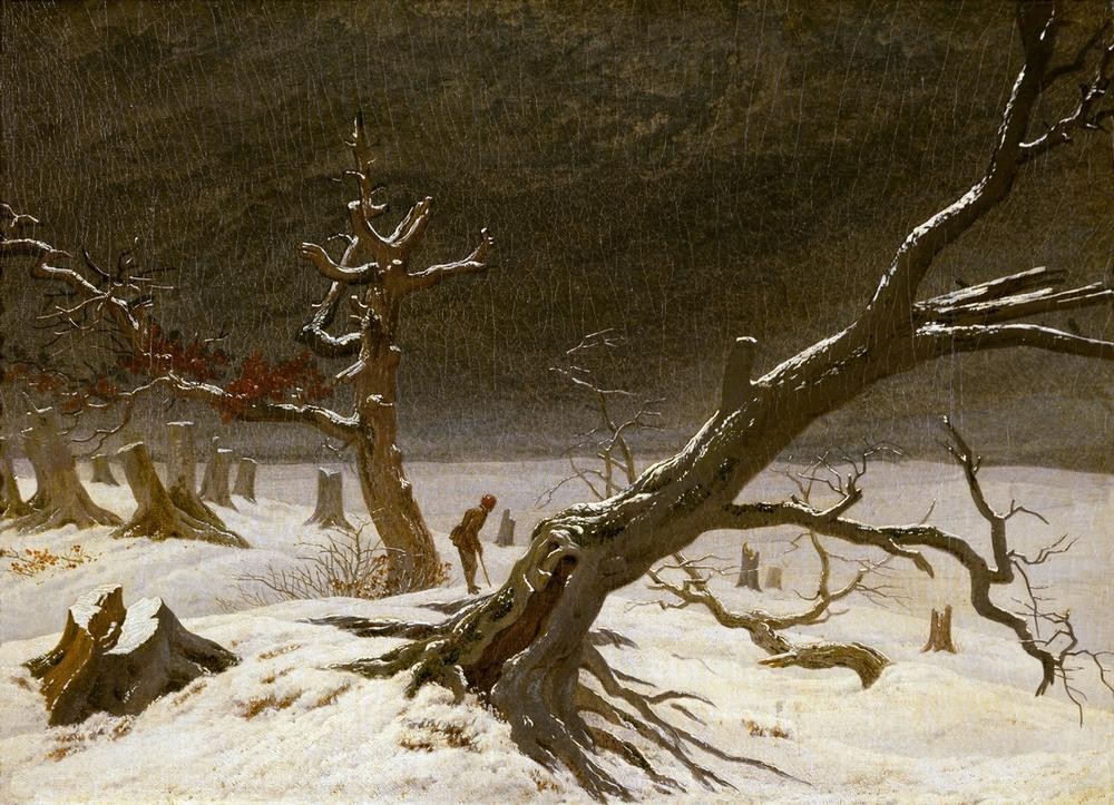 Caspar David Friedrich, Winterlandschaft (Jahreszeiten, Landschaft, Spaziergang, Wanderer, Winter, Schnee, Baum, knorrig, Einsamkeit, Klassiker, Wohnzimmer, Treppenhaus, Malerei, Romantik, Wunschgröße, bunt)