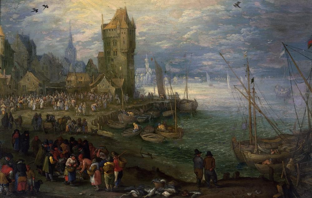 Jan Brueghel der Ältere, Fischmarkt am Meeresstrand (Meer, Küste, Fischer, Fischfang, Fischmarkt, Fischerboote, Landschaft, Genremalerei, Barock, Klassiker, Malerei, Wunschgröße, Wohnzimmer, bunt)