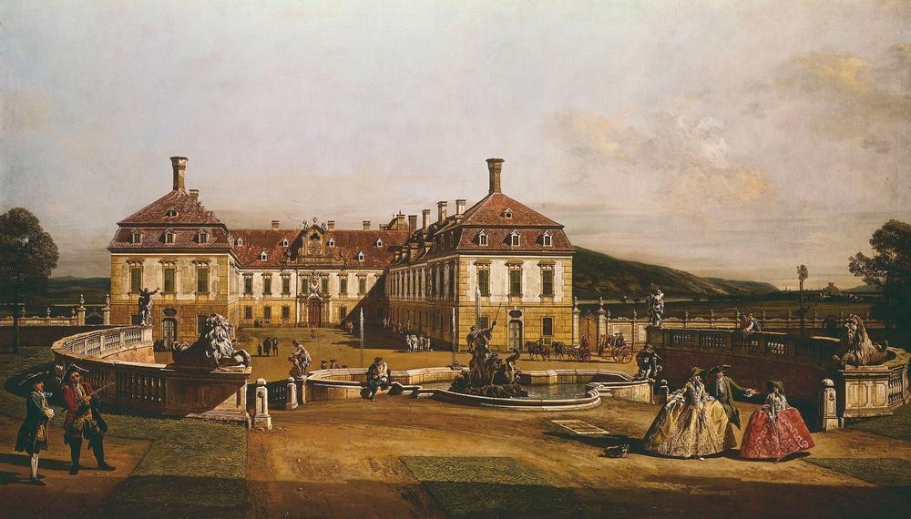 Bernardo Bellotto, Das kaiserliche Lustschloß Schloßhof, Hofseite (Schoss, Österreich, Garten, Architektur, Damenmode,Frauen,   Brunnen, Hof,historisch, Rokoko, Malerei, Wohnzimmer, Wunschgröße, Klassiker, bunt)
