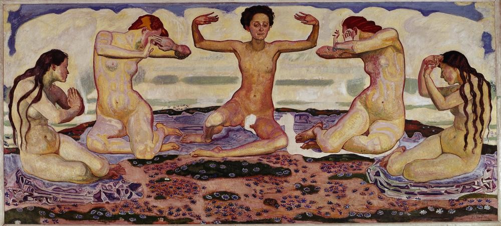 Ferdinand Hodler, Der Tag (Freikörperkultur,Frau,Gymnastik,Jugendstil,Symbolismus,Akt,Allegorie,Tag,Schweizerische Kunst,Jahrhundertwende,Symmetrie)