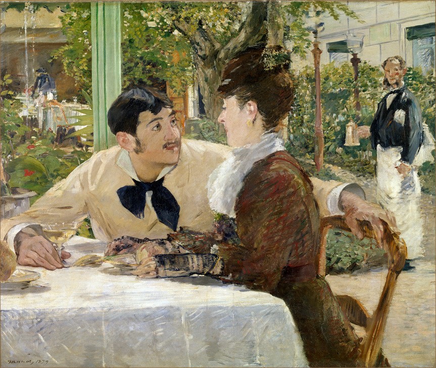 Edouard Manet, Chez le Pere Lathuille (Flirt,Gartenwirtschaft,Gastronomie,Herrenmode,Liebespaar,Mode,Kellner,Bürgertum,Französische Kunst,Halsbinde)