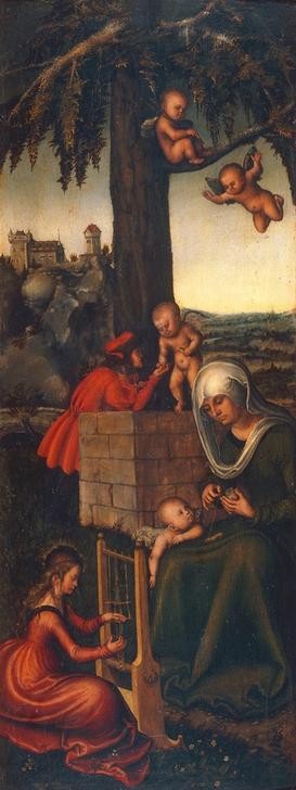 Lucas Cranach der Ältere, Die Erziehung der Jungfrau Maria (Burg (Bauwerk),Christentum,Deutsche Kunst,Engel,Handarbeit,Kunst,Landschaft,Mutter Und Kind,Pädagogik,Religion,Renaissance,Triptychon,Neues Testament,Bibel,Putto,Baum,Mutter Und Tochter,Marienleben,Donauschule,Webstuhl,Flügelaltar)