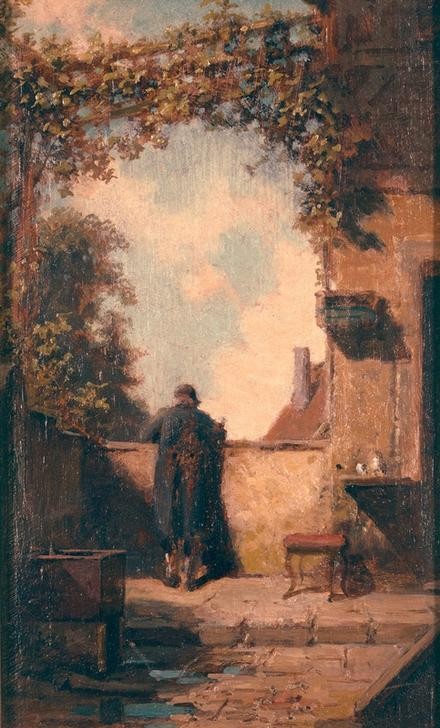 Carl Spitzweg, Alter Herr auf der Terrasse (Deutsche Kunst,Junggeselle,Terrasse,Laube,Alter,Biedermeier,Rückenfigur,Single (Mensch))