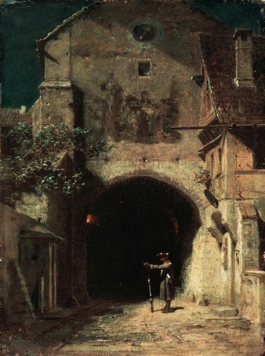 Carl Spitzweg, Gähnende Schildwache (Deutsche Kunst,Gewehr,Militär,Stadttor,Waffe,Nacht,Kleinstadt,Wachtposten,Gähnen,Müdigkeit,Schildwache,Strasse (Unbefestigt))