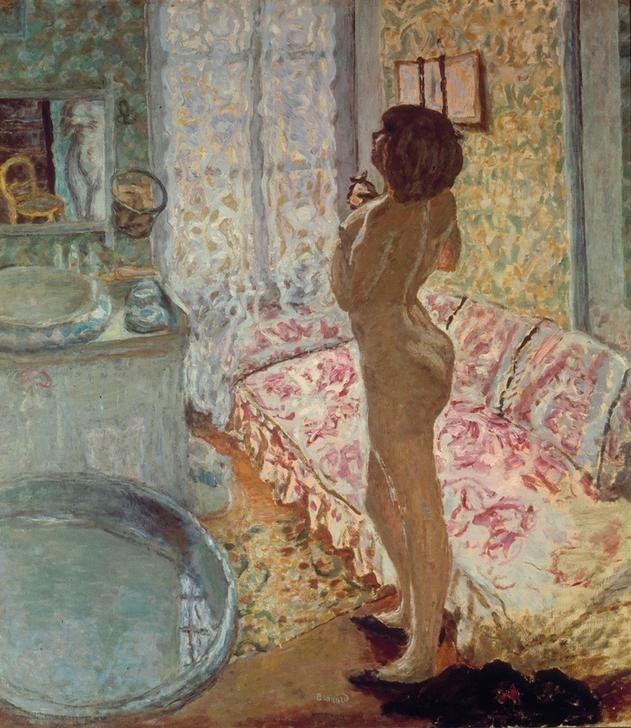 Pierre Bonnard, Akt im Gegenlicht (Körperpflege,Bett,Frau,Morgentoilette,Schlafzimmer,Wohnung,Tageszeiten,Morgen,Impressionismus,Akt,Waschgeschirr,Sofa,Französische Kunst,Jahrhundertwende,Ganzfigurig)