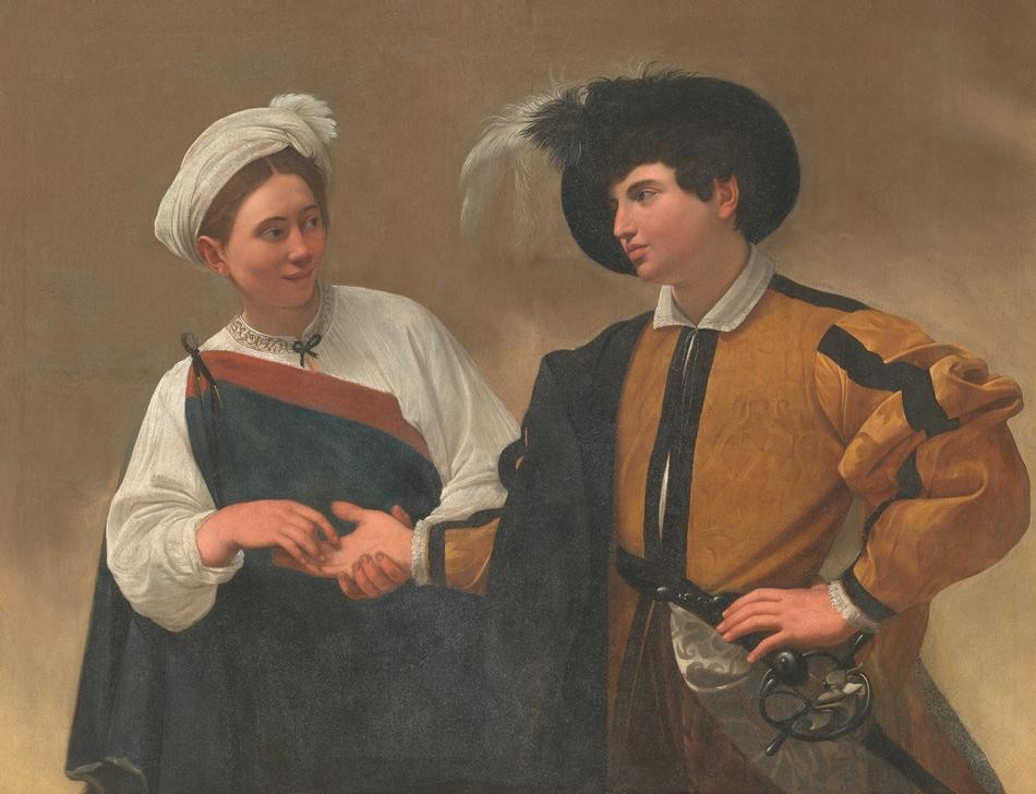 Caravaggio, La Buona Ventura (Frau, Magie, Handlesekunst, Junger Mann, Herrenmode  Esoterik, Aberglaube, Mode, Barock, Klassiker, Malerei, Wunschgröße, Wohnzimmer)