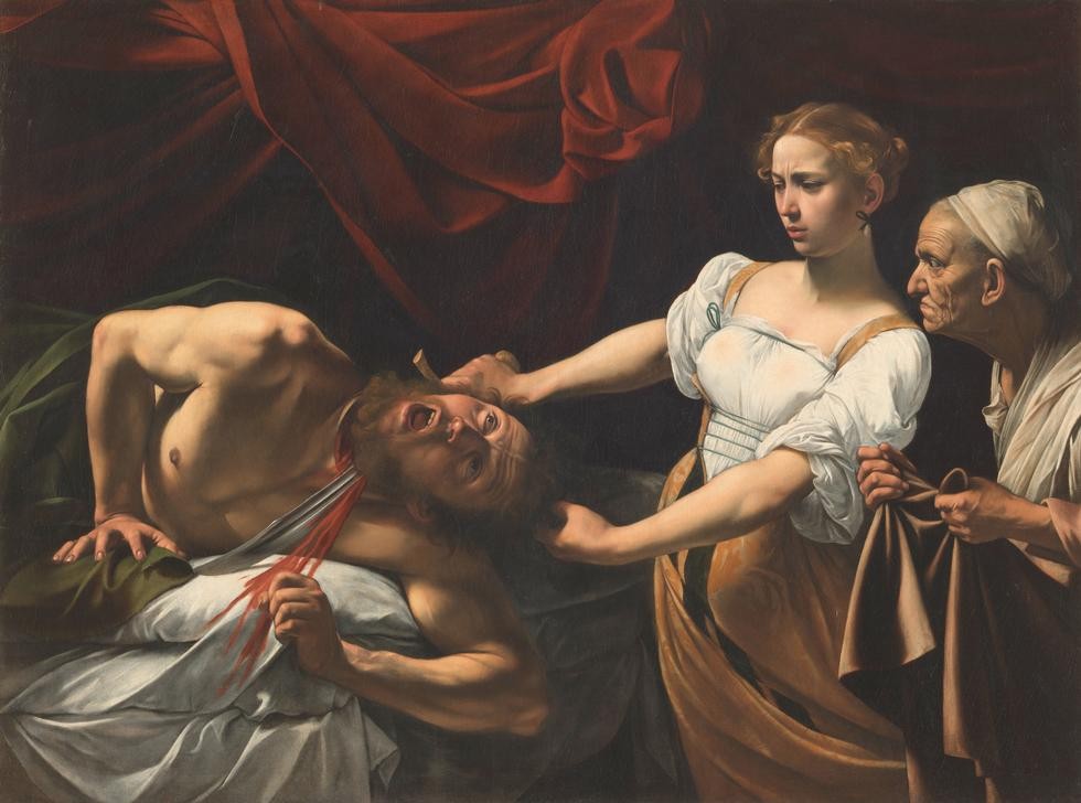Caravaggio, Judith enthauptet Holofernes (Enthauptung, Feldherr, Holofernes, Judith, Dienerin, brutal, Blut, Bett, Schwert, Tod,  Grausamkeit, Religion, Christentum,  Altes Testament, Bibel, Hell-Dunkel, Barock, Klassiker, Malerei, Wunschgröße, Wohnzimmer)