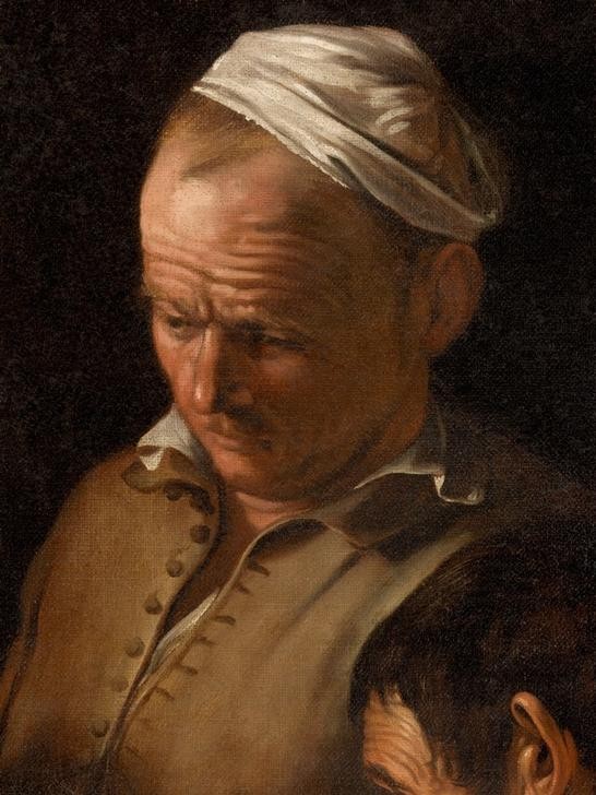 Caravaggio, Christus in Emmaus (Wirt, Mann, Portrait, Bibel, Neues Testament, Barock, hell-dunkel, Klassiker, Malerei, Wunschgröße, Wohnzimmer, Detail, Ausschnitt)