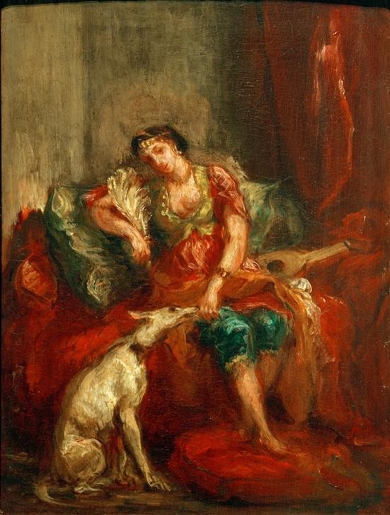 Eugene Delacroix, Femme d’Alger avec un lévrier (Frau,Tracht,Völkerkunde,Hund,Orientalismus,Portrait,Windhund,Französische Kunst,Haustier,Frau Und Tier,Land Und Leute)