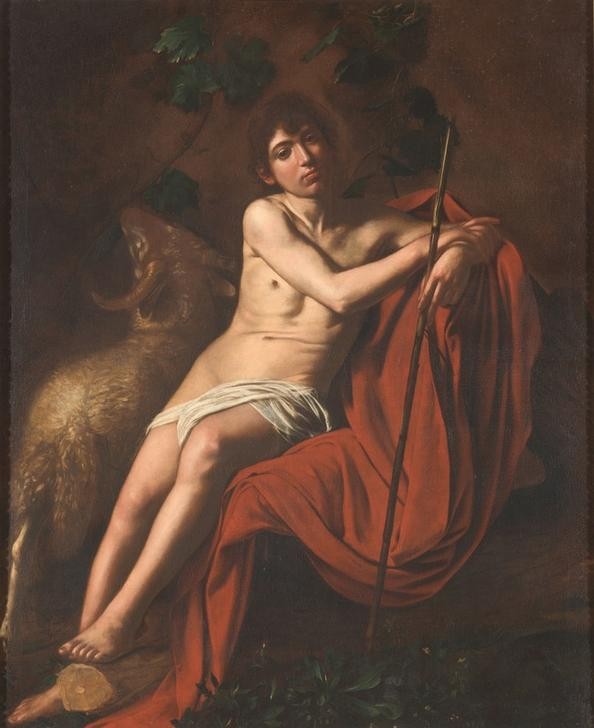 Caravaggio, Johannes der Täufer (Johannes der Täufer, Jüngling, Schäfer, Schaf, Widder,  Aktmalerei, Neues Testament, Bibel, Barock, Klassiker, Malerei, Wunschgröße, Wohnzimmer)