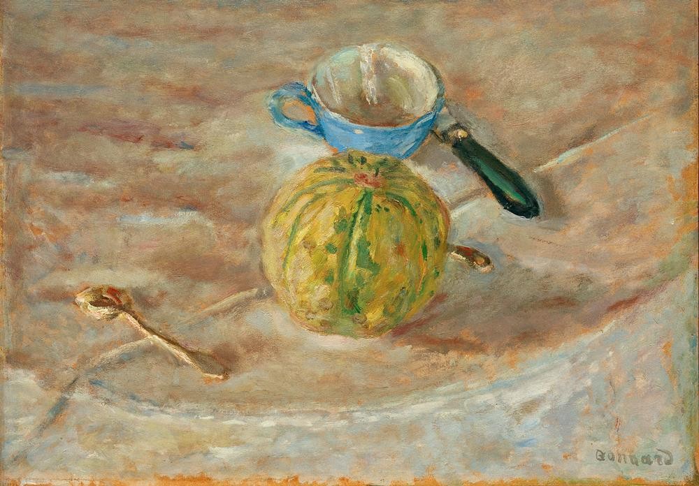 Pierre Bonnard, La tasse bleue (Kunst,Impressionismus,Stillleben,Französische Kunst,Löffel,Trinkgeschirr,Melone (Frucht),Tasse)
