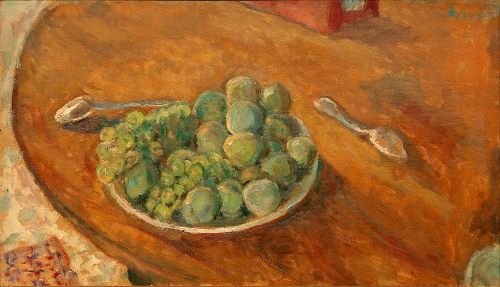 Pierre Bonnard, Prunes et raisins (Essgeschirr,Kunst,Obst,Pflaume,Impressionismus,Stillleben,Französische Kunst,Obstschale,Weintraube,Löffel)