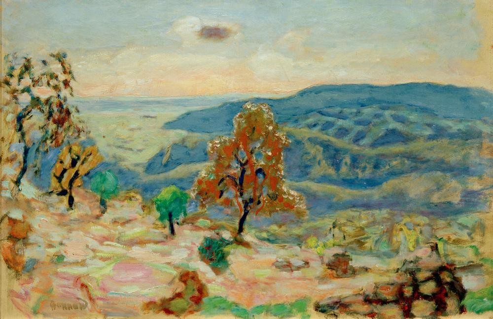 Pierre Bonnard, Paysage de montagne (Malerei, Impressionismus, Landschaft, Panorama, Hügel, Wunschgröße, Treppenhaus, Wohnzimmer, Klassische Moderne, bunt)