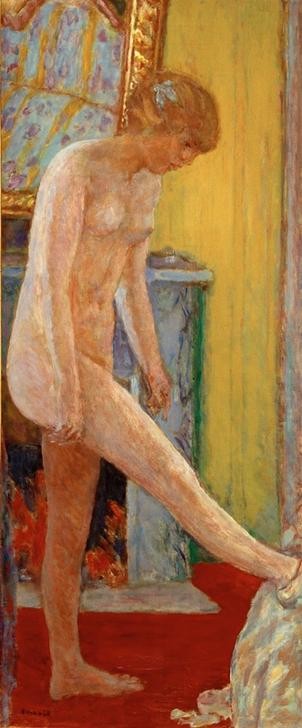 Pierre Bonnard, Jeune fille nue devant la cheminée (Frau,Mädchen,Impressionismus,Akt,Bild Im Bild,Französische Kunst,Nabis,Junge Frau,Beine,Kamin)