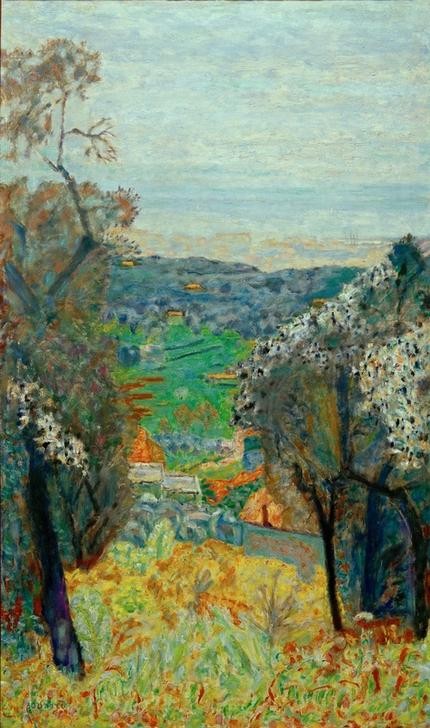 Pierre Bonnard, Paysage du Cannet (Malerei, Impressionismus, Landschaft, Bäume, Badende Frauen, Wunschgröße, Treppenhaus, Wohnzimmer, Klassische Moderne, bunt)