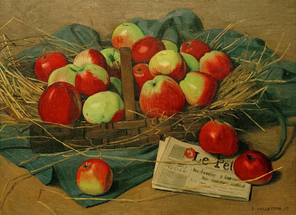 Felix Vallotton, Pommes (Apfel,Kunst,Obst,Textil,Stillleben,Zeitung,Französische Kunst,Korb,Schweizerische Kunst,Nabis,Obstkorb,Tuch)