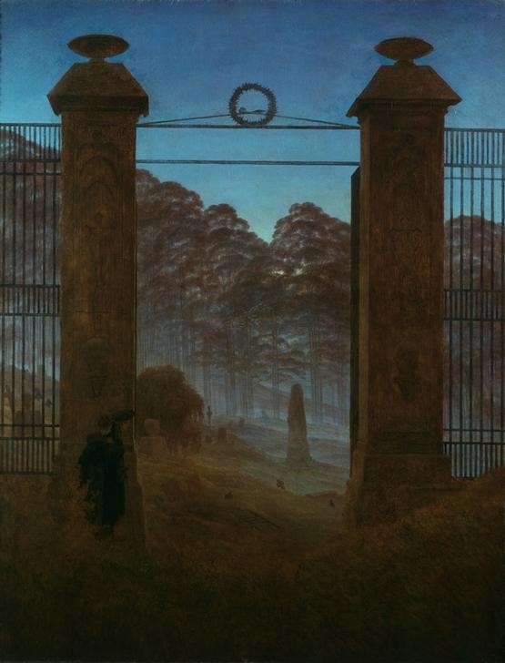Caspar David Friedrich, Der Friedhof (Deutsche Kunst,Friedhof,Landschaft,Tod,Tor,Tageszeiten,Abend,Lebensabend,Romantik,Symbolik)