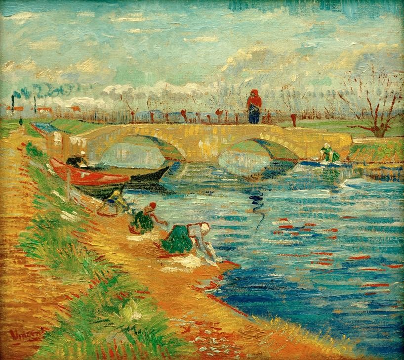 Vincent van Gogh, Pont de Gleize bei Arles (Brücke, Steinerne Brücke, Fluss, Landschaft, Wäscherinnen,Menschen, Frau,Kunst,Landschaft,Impressionismus,Waschen,Fluss,Architekturdarstellung,Niederländische Kunst,Holländische Kunst,Wäsche,Ansicht,Postimpressionismus,Wäscherin,Signatur)
