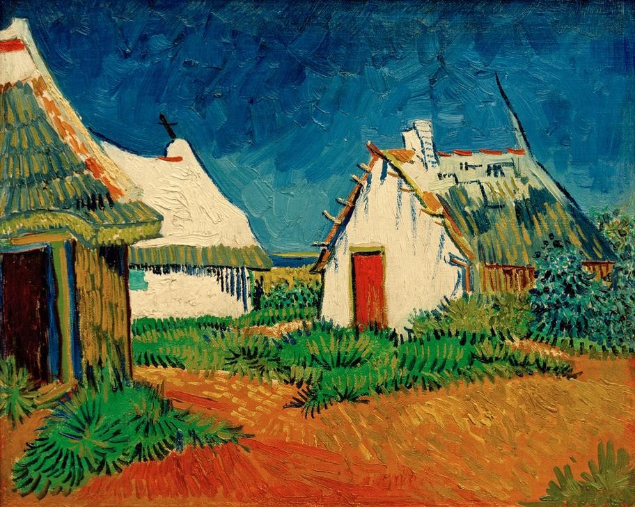 Vincent van Gogh, Drei weiße Hütten in Saintes-Maries (Architektur,Haus,Kunst,Landschaft,Hütte,Impressionismus,Architekturdarstellung,Strohdach,Niederländische Kunst,Holländische Kunst,Postimpressionismus)
