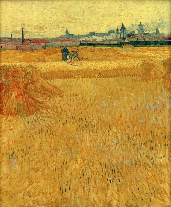 Vincent van Gogh, Weizenfeld mit Blick auf Arles (Ackerbau,Bauer (Landwirt),Ernte,Getreideanbau,Kunst,Landschaft,Weizen,Impressionismus,Schnitter (Ernte),Getreide,Stadtansicht,Niederländische Kunst,Feld,Holländische Kunst,Getreidefeld,Garbe,Feldarbeit,Postimpressionismus,Landwirtschaft,Korn (Getreide))