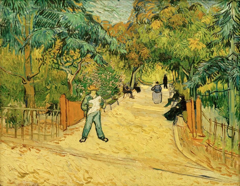 Vincent van Gogh, Eingang zum Park in Arles mit Spaziergängern (Garten Und Park,Herbst,Jahreszeiten,Kunst,Landschaft,Menschen Im Park,Mensch,Monat,Oktober,Park,Freizeit,Spaziergang,Impressionismus,Weg,Niederländische Kunst,Holländische Kunst,Zeitungsleser,Eingang,Postimpressionismus)