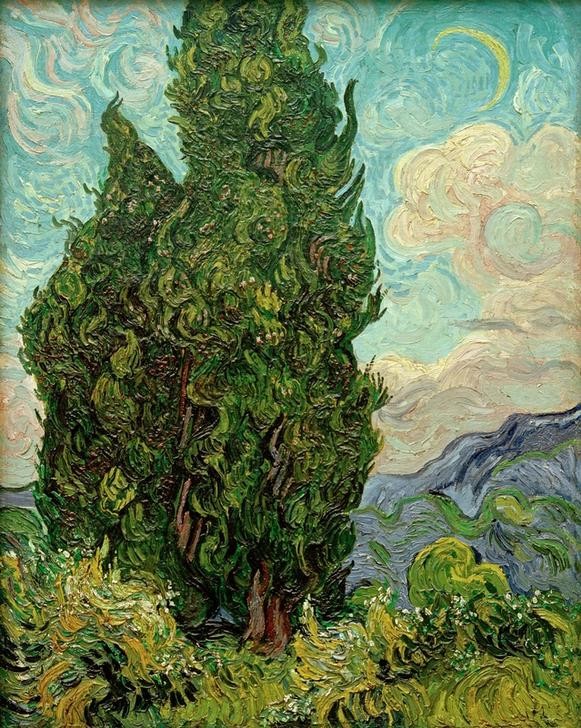 Vincent van Gogh, Zypressen (Gebirge,Himmel (Natur),Kunst,Landschaft,Mond,Tageszeiten,Abend,Impressionismus,Baum,Niederländische Kunst,Zypresse,Holländische Kunst,Halbmond,Mondsichel,Postimpressionismus)