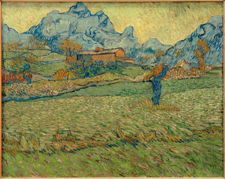 Vincent van Gogh, Wiese und Baum mit Blick auf den Mont Gaussier (Gebirge,Haus,Kunst,Landschaft,Impressionismus,Wiese,Niederländische Kunst,Holländische Kunst,Baumstumpf,Berg,Postimpressionismus)