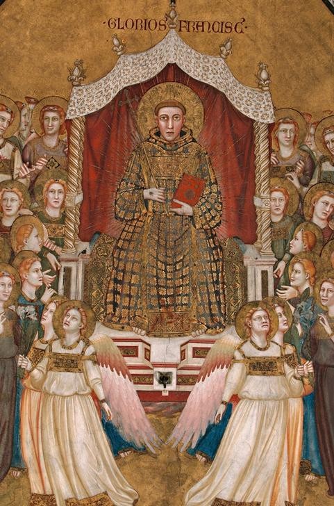 Giotto di Bondone, Die Verherrlichung des hl. Franziskus (Christentum,Engel,Heilige,Religion,Gotik,Heiligenlegende,Italienische Kunst,Thron,Engelskonzert,Glorie,Gewölbe,Vierung,Baldachin,Sitzen,Zwickel,Ausschnitt)
