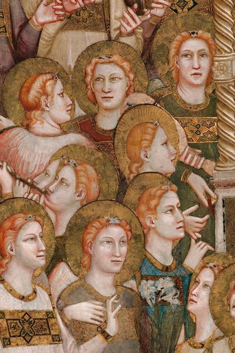 Giotto di Bondone, Die Verherrlichung des hl. Franziskus (Christentum,Engel,Religion,Gotik,Italienische Kunst,Engelskonzert,Gewölbe,Vierung,Heiligenschein,Ausschnitt)