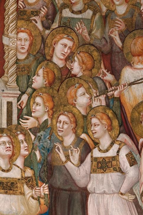 Giotto di Bondone, Die Verherrlichung des hl. Franziskus (Christentum,Engel,Religion,Gotik,Gestik,Italienische Kunst,Engelskonzert,Gewölbe,Vierung,Lächeln,Heiligenschein,Mimik,Ausschnitt)