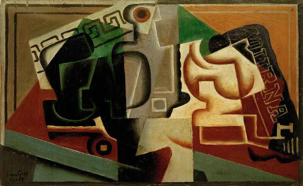 Juan Gris, Verre et carafe (Geometrie,Glas,Kunst,Kubismus,Stillleben,Geometrisch,Abstrakte Kunst,Spanische Kunst,Gefäss,Karaffe,Trinkglas,Abstraktion)