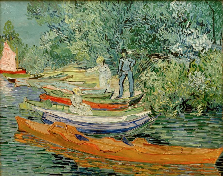 Vincent van Gogh, Am Ufer der Oise in Auvers (Ausflug,Bootspartie,Boot,Kunst,Landschaft,Mensch,Freizeit,Schiff,Impressionismus,Fluss,Reise,Niederländische Kunst,Holländische Kunst,Ufer,Flusschiffahrt,Postimpressionismus,Schifffahrt)