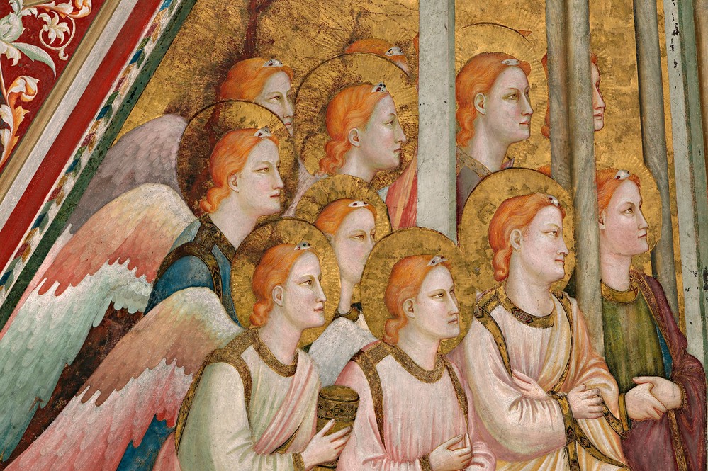 Giotto di Bondone, Allegorie des Gehorsams (Christentum,Engel,Religion,Gotik,Allegorie,Tugend,Italienische Kunst,Gewölbe,Vierung,Heiligenschein,Gehorsam,Ausschnitt)