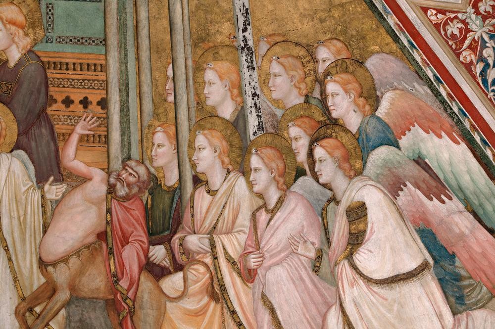 Giotto di Bondone, Allegorie des Gehorsams (Christentum,Engel,Mythologie,Religion,Gotik,Allegorie,Tugend,Kentaur,Italienische Kunst,Gewölbe,Vierung,Heiligenschein,Gehorsam,Griechisch-Römische Mythologie,Ausschnitt)