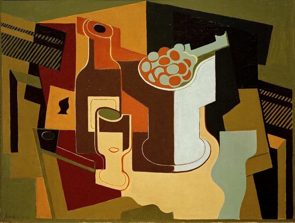 Juan Gris, Bouteille et compotier (Kunst,Obst,Kubismus,Stillleben,Geometrisch,Flasche,Spanische Kunst,Obstschale,Trinkglas,Abstraktion)