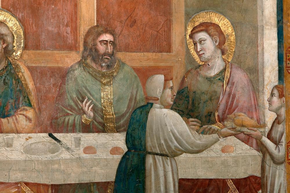 Giotto di Bondone, Christus und Maria Magdalena im Hause des Pharisäers (Christentum,Dienstboten,Essen Und Trinken,Religion,Tafelsitten,Gotik,Neues Testament,Bibel,Pharisäer,Rückenfigur,Italienische Kunst,Diener,Tischgespräch,Heiligenschein,Gastmahl Im Hause Simons,Leben Jesu,Gastmahl,Ausschnitt)