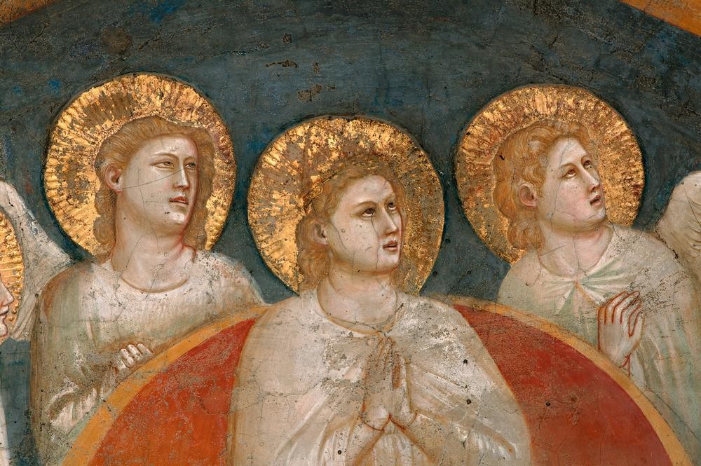 Giotto di Bondone, Die Kommunion der hl. Maria Magdalena (Christentum,Ekstase (Verzückung),Engel,Kunst,Religion,Neues Testament,Bibel,Himmelfahrt,Heiligenlegende,Italienische Kunst,Schweben,Blick Zum Himmel,Ausschnitt)