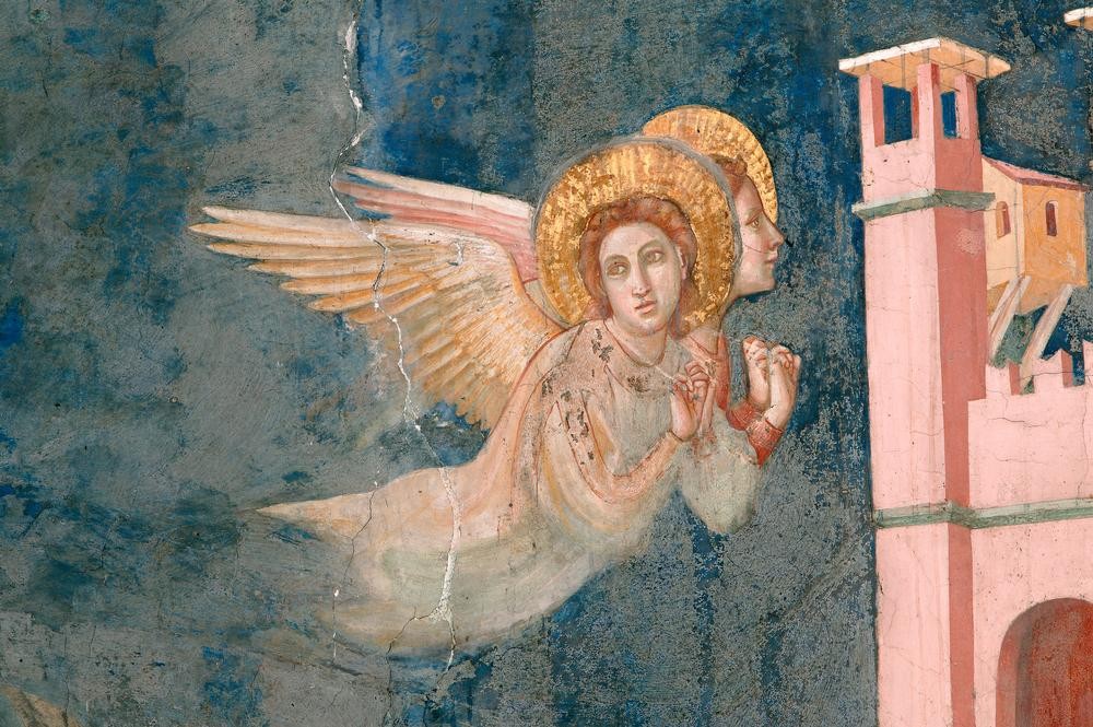Giotto di Bondone, Die Landung der Heiligen Maximin, Lazarus, Cedonius und Mar (Christentum,Engel,Heilige,Religion,Meer,Gotik,Bibel,Heiligenlegende,Italienische Kunst,Schweben,Christianisierung,Nachbiblische Überlieferung,Ausschnitt)