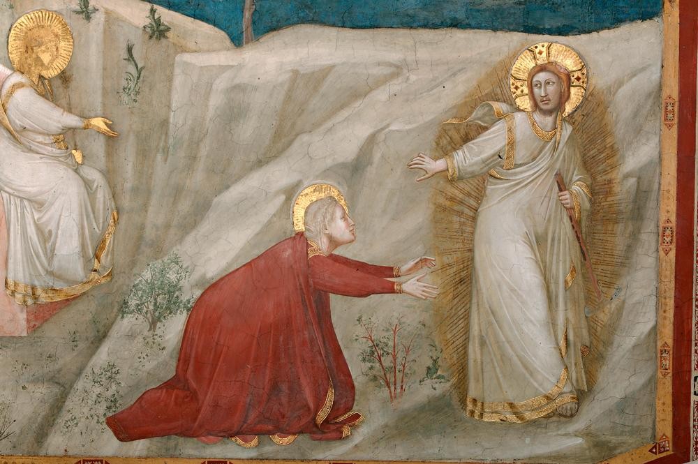 Giotto di Bondone, Noli me tangere (Christentum,Religion,Gotik,Neues Testament,Bibel,Gestik,Italienische Kunst,Noli Me Tangere,Christus Als Gärtner,Heiligenschein,Knien,Aureole,Ausschnitt)