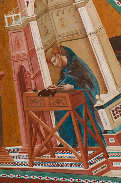 Giotto di Bondone, Der Kirchenvater Gregor der Große (Christentum,Katholische Kirche,Kloster,Kunst,Literatur,Möbel,Religion,Schreiber,Schreiben Und Schrift,Gotik,Klerus,Mönch,Kirchenvater,Perspektive,Italienische Kunst,Schreibwerkzeug,Schreibfeder,Gewölbe,Schreibpult,Scriptorium,Schreiben,Ausschnitt,Pult)