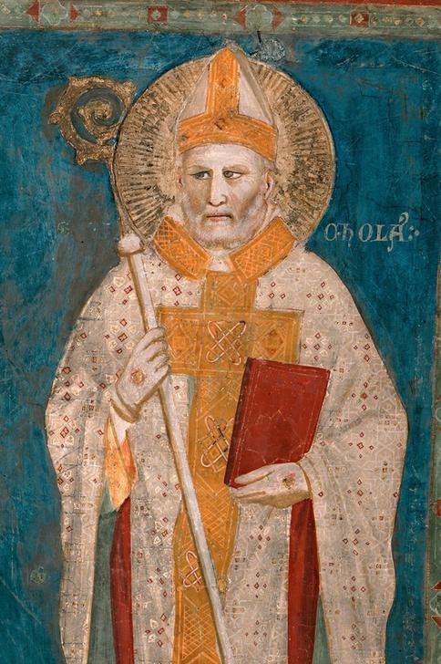 Palmerino di Guido, Der Heilige Nikolaus (Christentum,Bischof,Heilige,Kunst,Mann,Religion,Gotik,Italienische Kunst,Heiligenschein,Bischofsstab,Ornat (Geistlich),Ausschnitt)