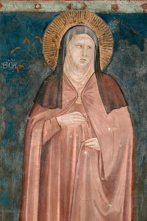 Giotto di Bondone, Die Heilige Klara von Assisi (Christentum,Frau,Heilige,Kunst,Religion,Gotik,Nonne,Italienische Kunst,Heiligenschein,Ordenstracht,Klarissen,Ausschnitt)