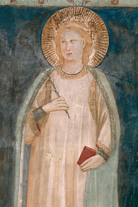 Giotto di Bondone, Die Heilige Elisabeth (oder Katharina) (Christentum,Frau,Heilige,Kunst,Religion,Gotik,Italienische Kunst,Heiligenschein,Ausschnitt)