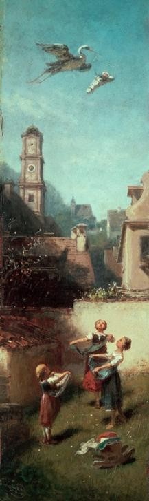 Carl Spitzweg, Der Klapperstorch (Deutsche Kunst,Geburt,Geburtsvorstellungen,Storch,Schürze,Klapperstorch,Volksglaube)