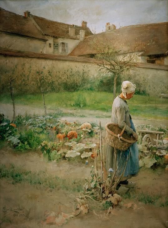 Carl Larsson, Oktober (Bauernhof,Frau,Herbst,Jahr Und Kalender,Jahreszeiten,Kalender,Monat,Oktober,Gemüsegarten,Bäuerin,Kürbis,Haube,Schwedische Kunst,Korb,Menschen Im Garten,Frauenleben,Landbevölkerung,Garten)