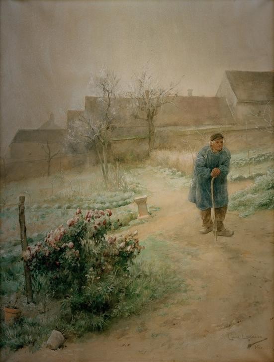 Carl Larsson, November (Dorf,Gemüse,Herbst,Jahr Und Kalender,Jahreszeiten,Kalender,Meteorologie,Monat,November,Gemüsegarten,Alter,Greis,Schwedische Kunst,Landleben,Menschen Im Garten,Frost,Spazierstock,Landbevölkerung,Alter Mann,Kälte,Gebrechlichkeit,Raureif,Garten)