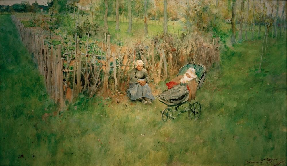 Carl Larsson, Das Mädchen im Grünen (Baby,Kinderwagen,Kind,Gemüsegarten,Tochter,Bäuerin,Schwedische Kunst,Im Freien (Allgemein),Landleben,Menschen Im Garten,Künstlerfamilie,Kinderleben,Kinderbetreuung,Frauenleben,Landbevölkerung,Garten)