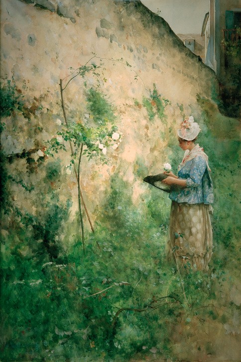 Carl Larsson, Die alte Mauer (Damenhut,Damenmode,Frau,Garten Und Park,Mauer (Architektur),Menschen Im Park,Rose,Hausgarten,Schwedische Kunst,Kindermädchen,Gartenmauer,Menschen Im Garten,Blume,Junge Frau,Rosenstock (Pflanze))