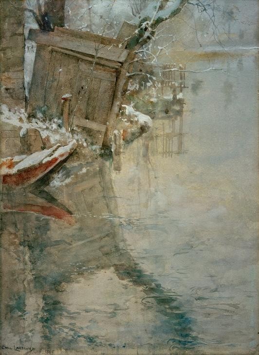 Carl Larsson, Waschhaus an der Loing (Landschaft,Winter,Schnee,Fluss,Schwedische Kunst,Waschhaus)